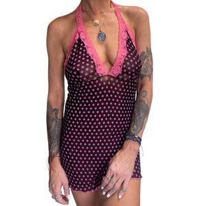 Vintage Risque black & pink polka dot mesh sheer halter babydoll slip dress O/S